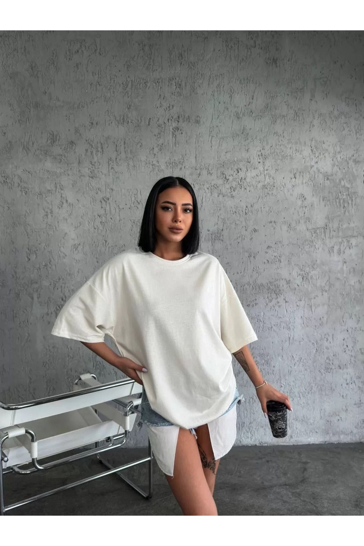 FantaziAtölyesi Unisex Düz Biskilet Yaka Oversize T-shirt - Beyaz