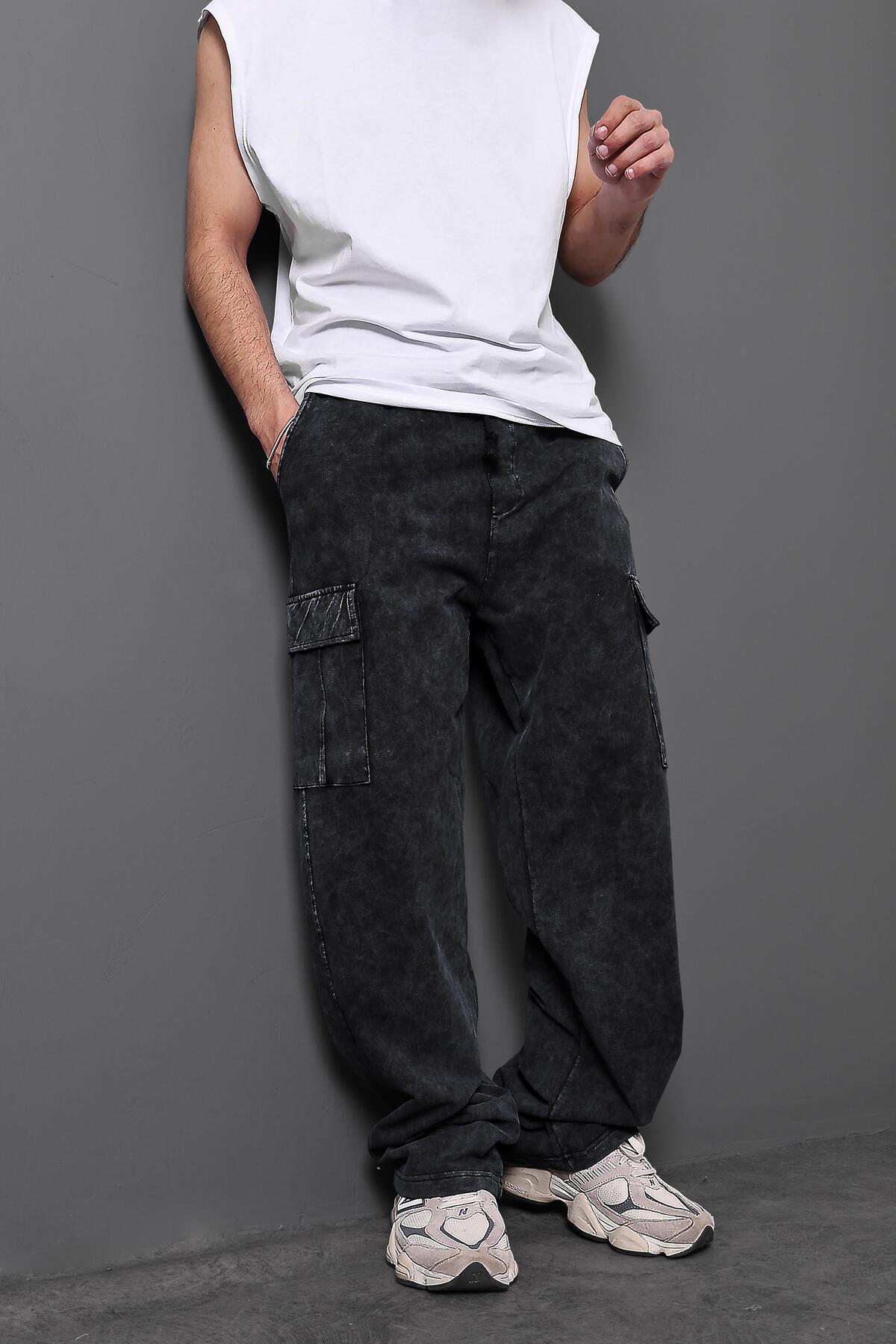 Slatra-Men's Black Washed Cargo Baggy Fit Sweatpants 2