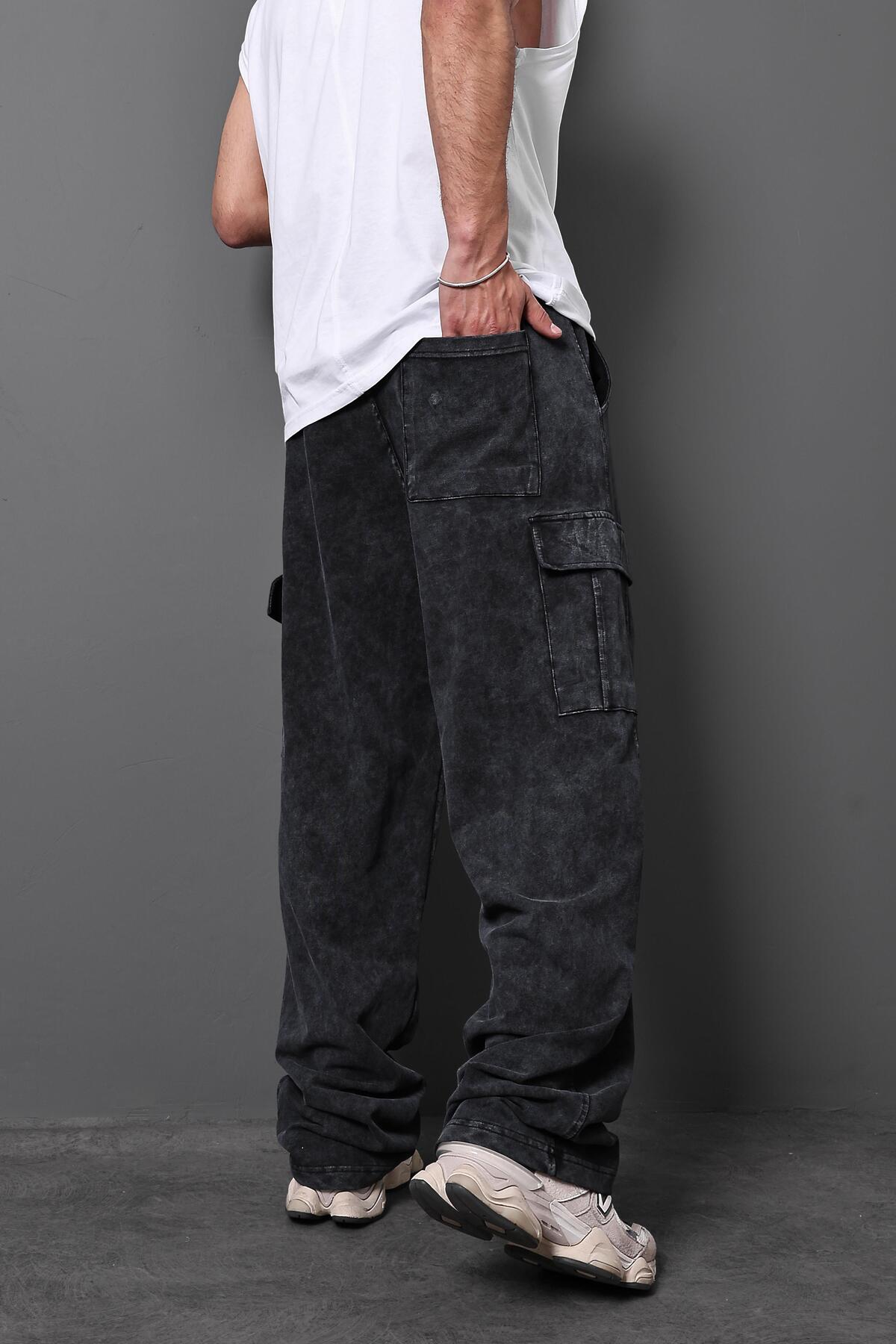 Slatra-Men's Black Washed Cargo Baggy Fit Sweatpants 3