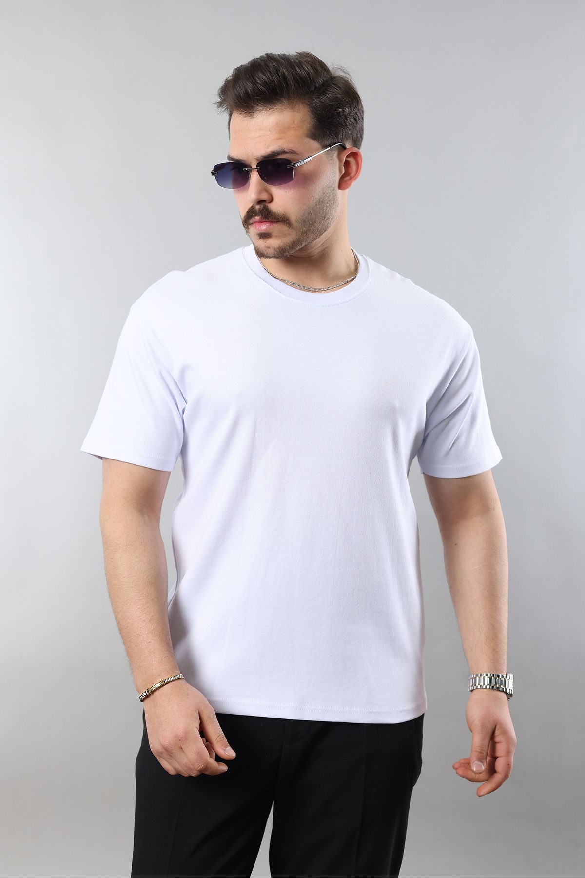 STOCX Oversize Geniş Kalıp Bisiklet Yaka Basic Düz Kısa Kollu Tişört