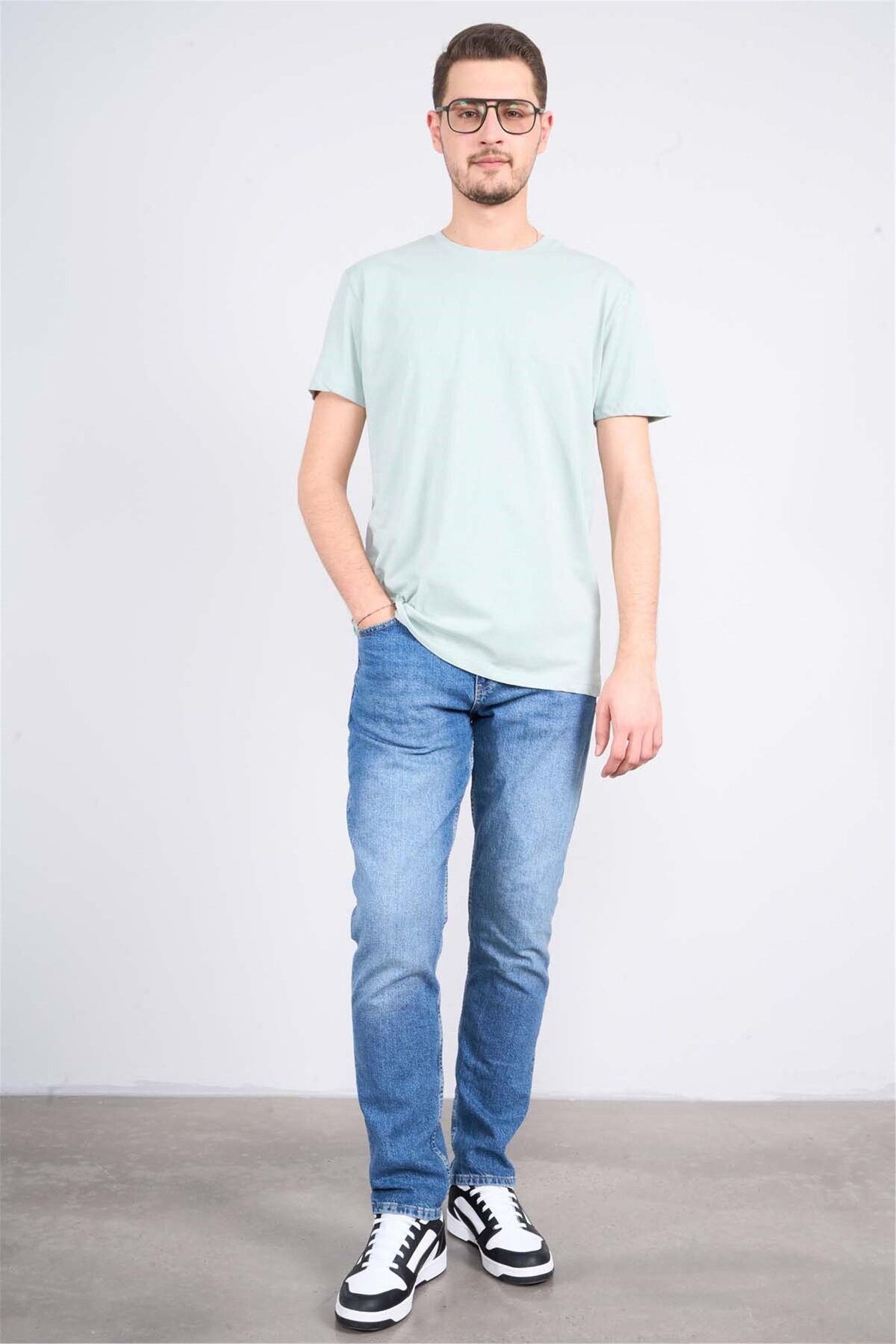 Mentality Çetinkaya Mentality 2772B Bisiklet Yaka Süprem Slim Fit Koyu Çağla T-shirt