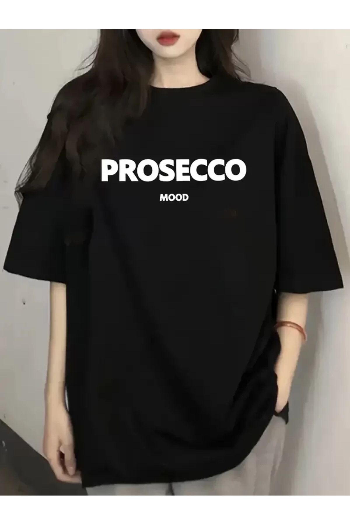 FantaziAtölyesi Baskılı Oversize Bisiklet Yaka T-shirt - Siyah