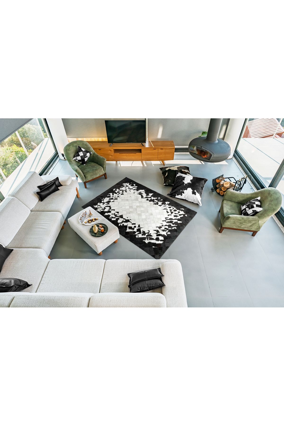 Barrio Rico %100 Doğal Dana Derisi Kaymaz Taban Premium Patchwork Halı - Siyah Beyaz