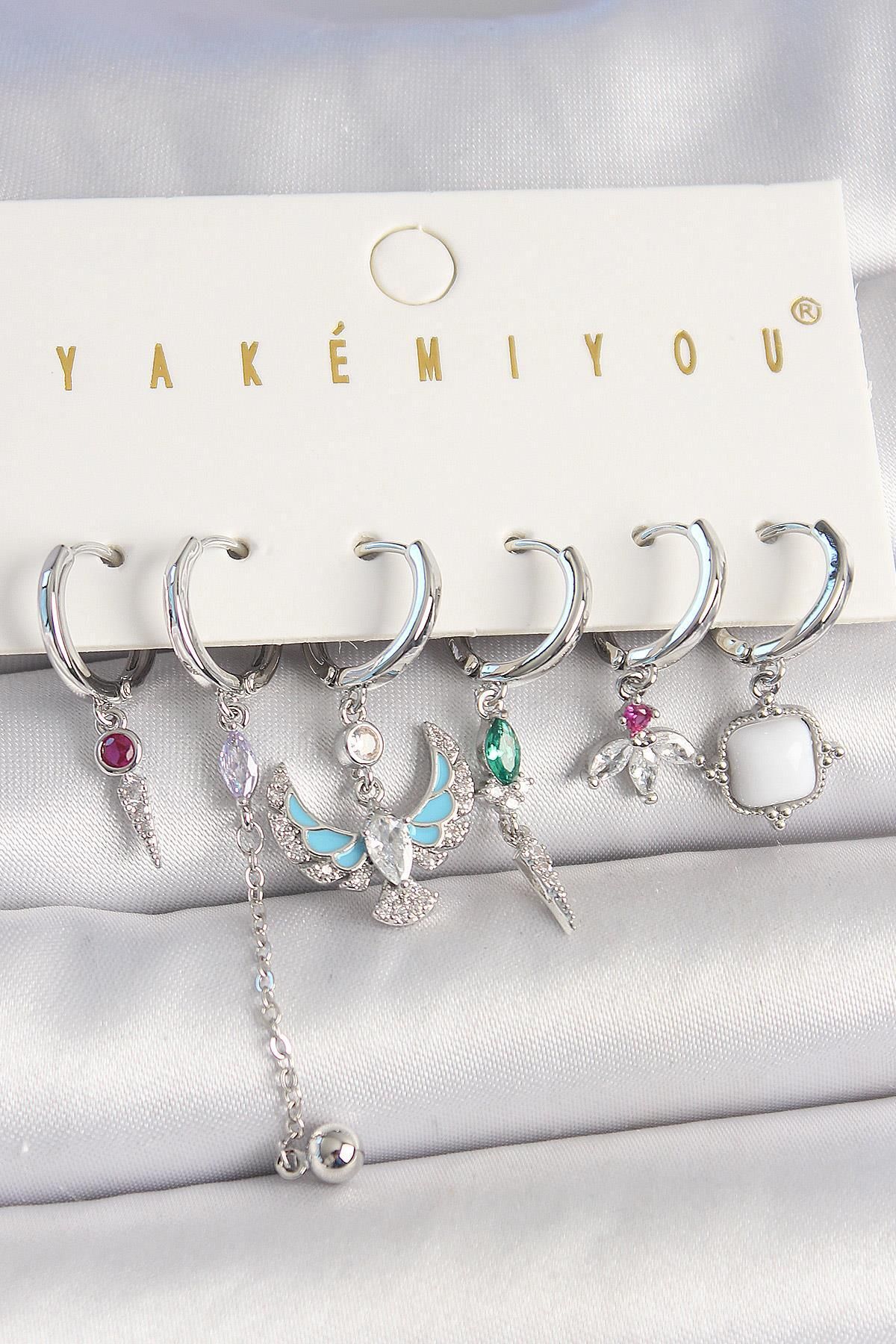 FASHIONLINE Pirinç Gümüş Renk Zirkon Taşlı Kuş Figür Çiçek Detay 6'Lı Kadın Kombin Küpe
