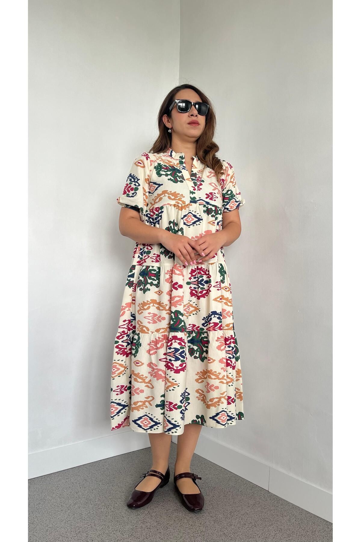 Gizybutik Renkli Desen Oversize Keten Elbise
