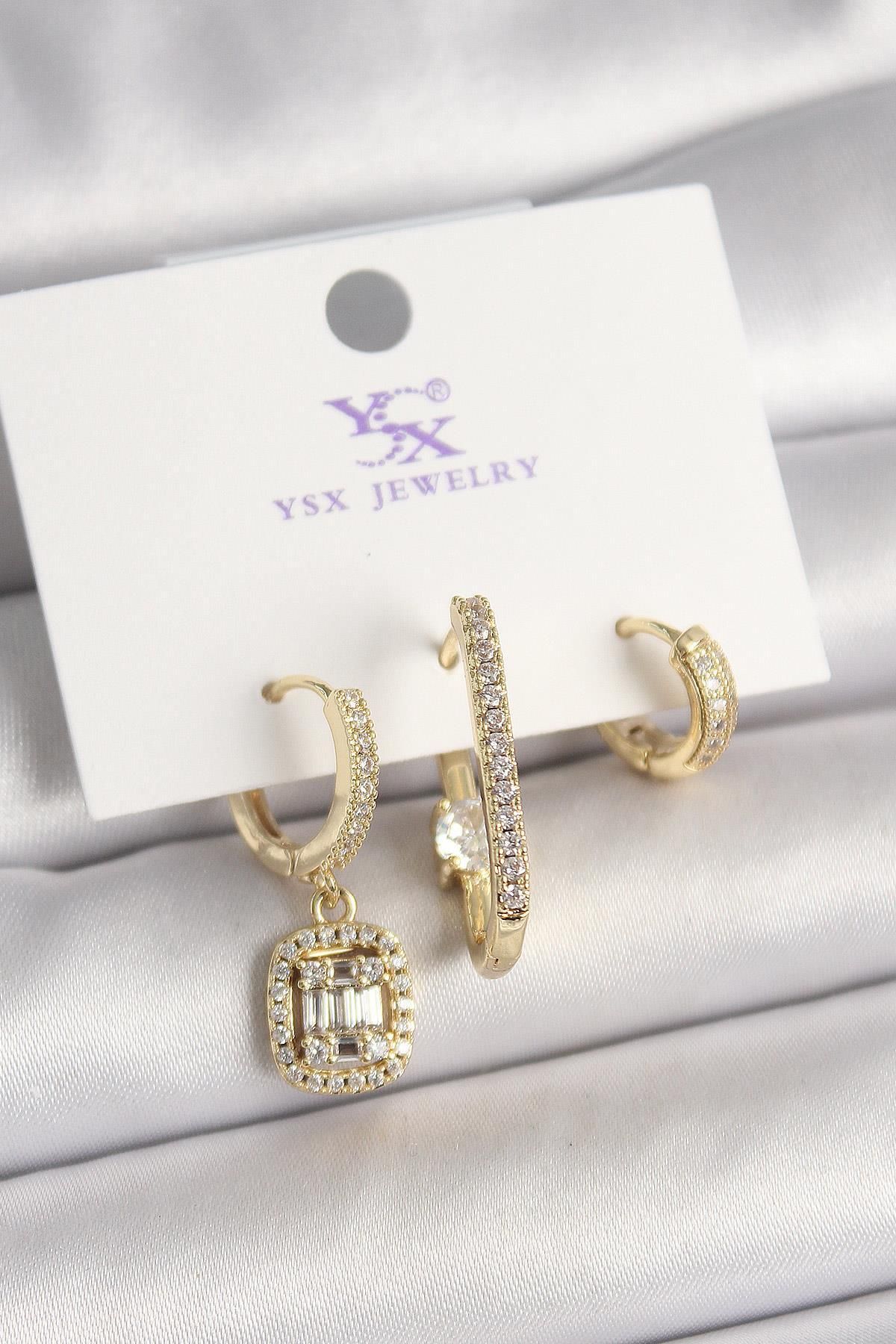 FASHIONLINE Pirinç Gold Renk Zirkon Taşlı Baget Halka Model 3'Lü Kadın Kombin Küpe
