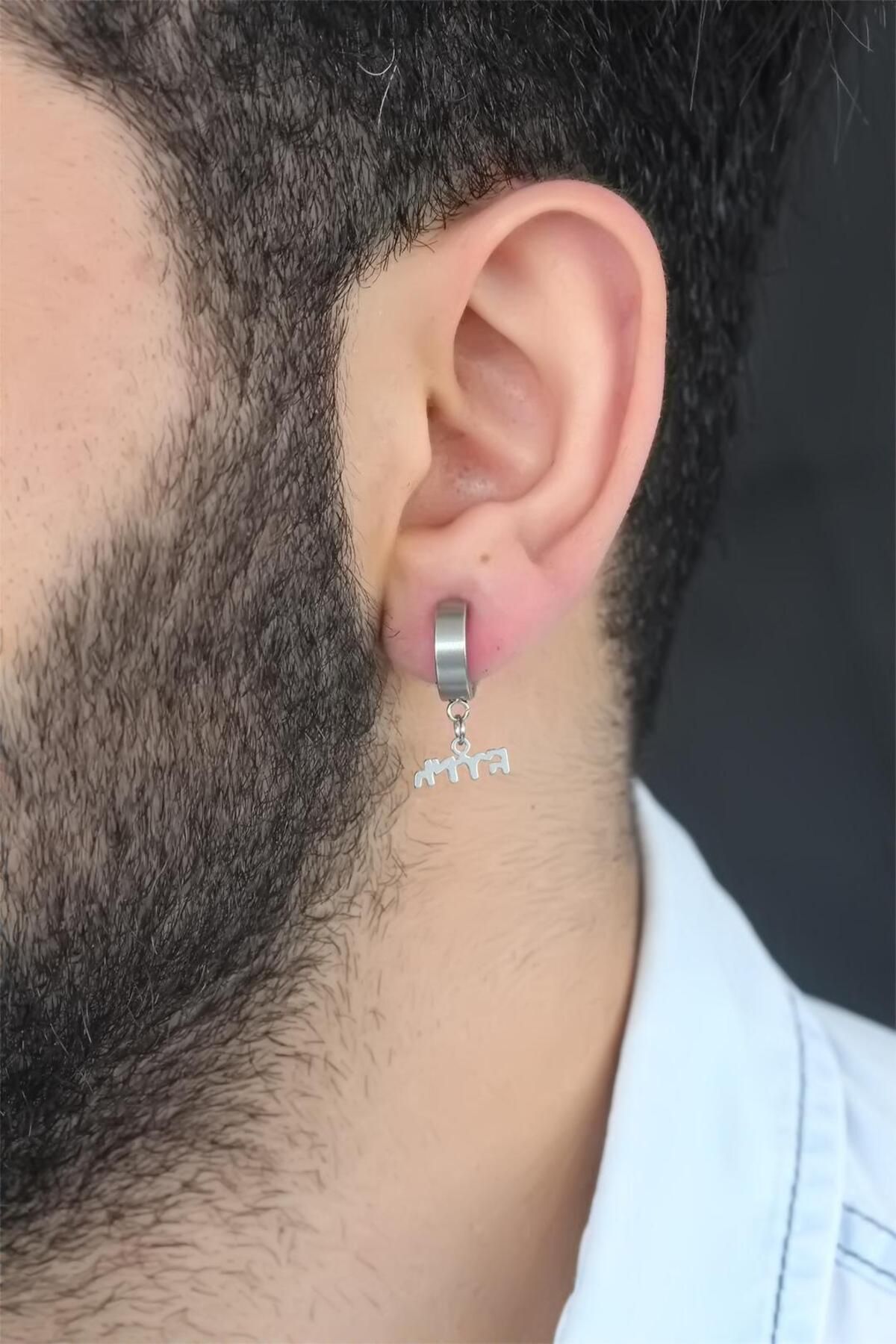 FASHIONLINE Silver Renk Kaplama Göktürkçe Yazı Figürlü Çelik Kıstırmalı Erkek Küpe