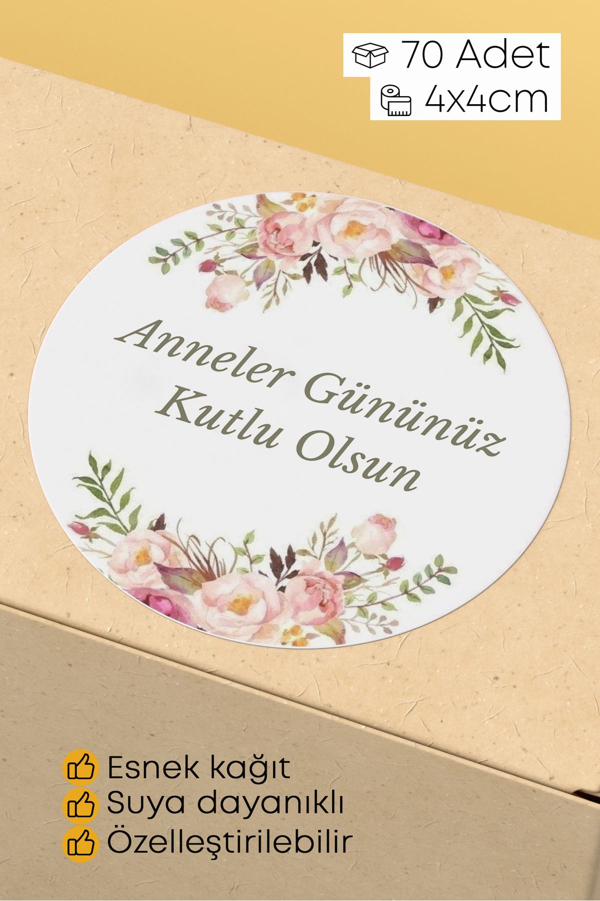 alışveriş kurdu Anneler Gününüz Kutlu Olsun Yazılı Sticker Paketleme Kargo Ambalaj Etiketi - 4x4cm 70 Adet