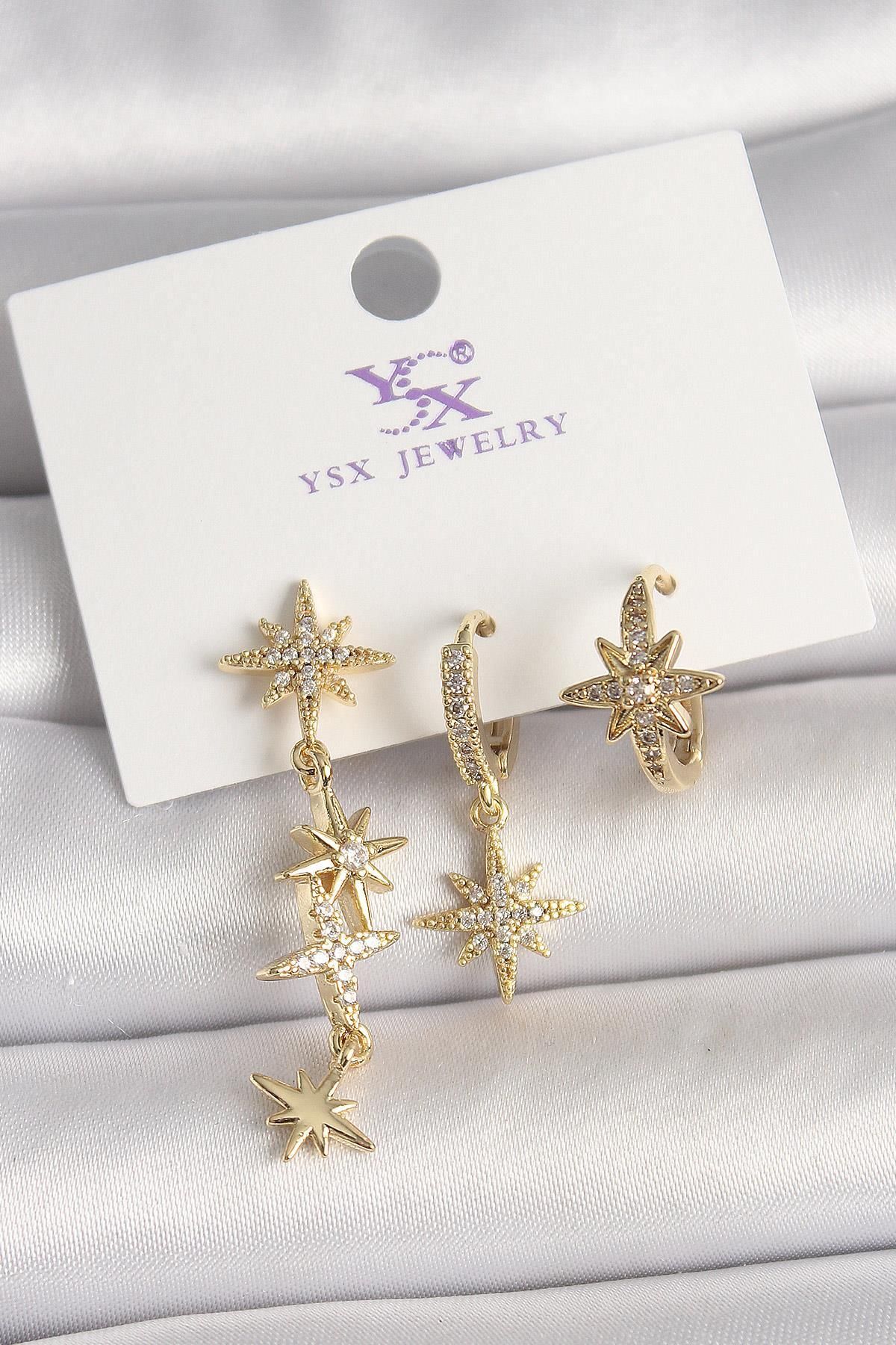 FASHIONLINE Pirinç Gold Renk Sallantı Zirkon Taşlı Zirkon Taşlı Kutup Yıldız Model 3'Lü Kadın Kombin Küpe