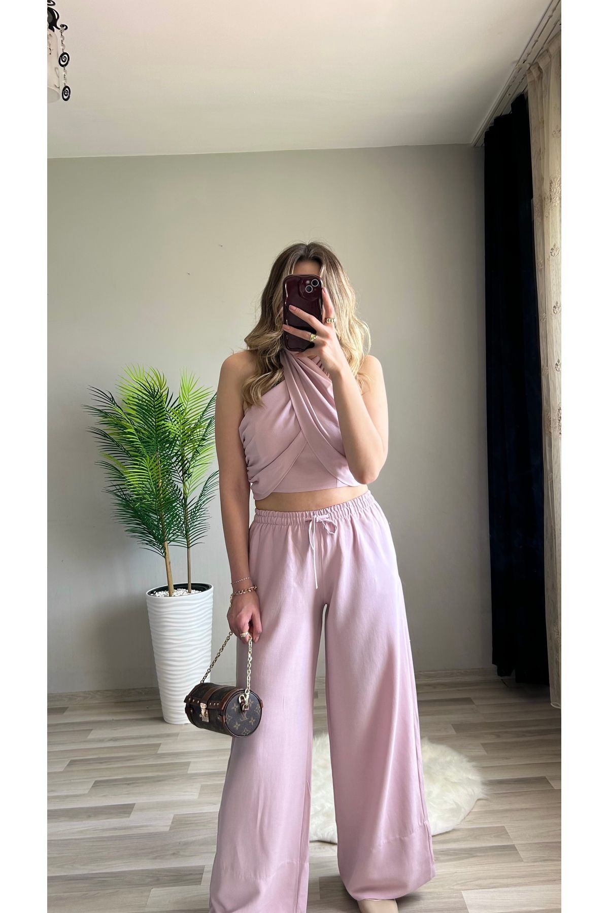ensbutik Boyundan Bağlamalı Keten Takım