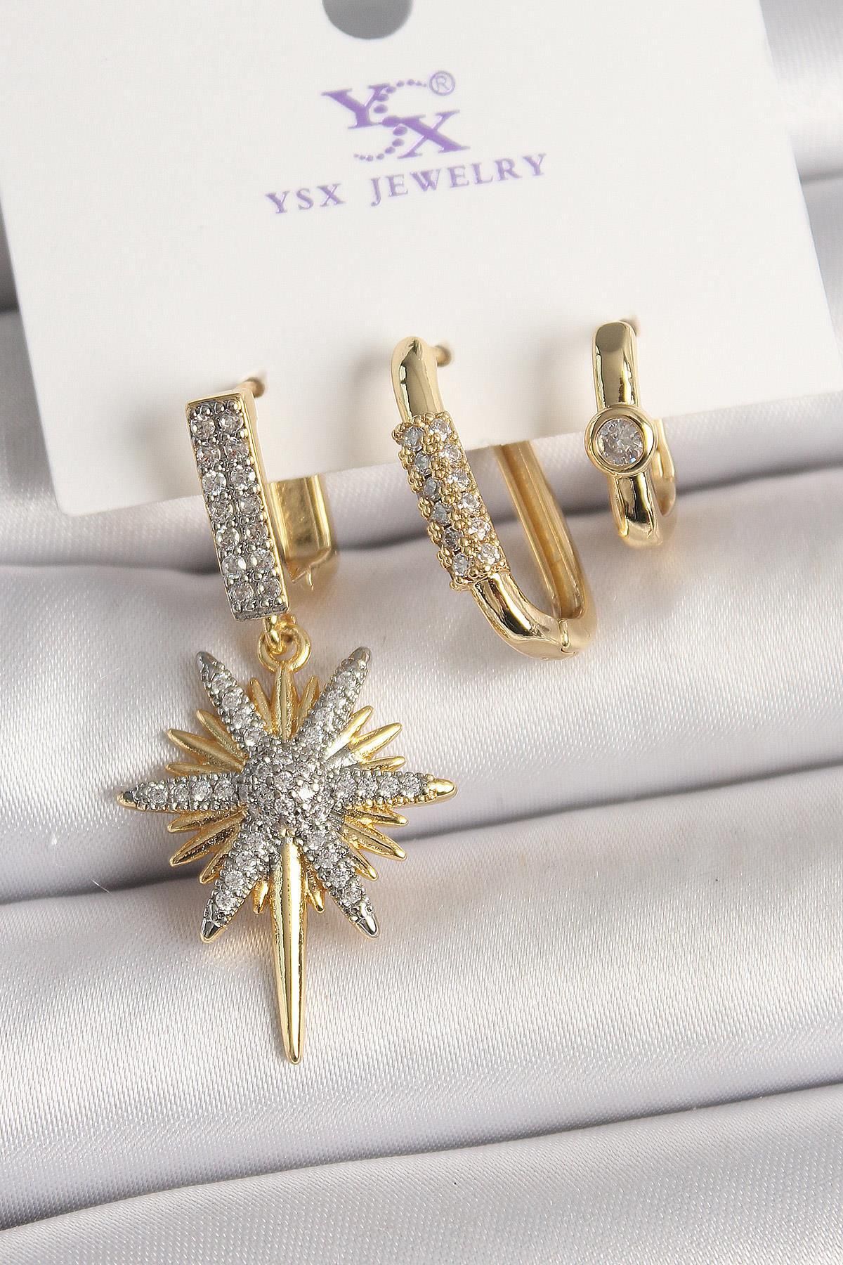 FASHIONLINE Pirinç Gold Renk Sallantı Zirkon Taşlı Kutup Yıldız Model 3'Lü Kadın Kombin Küpe
