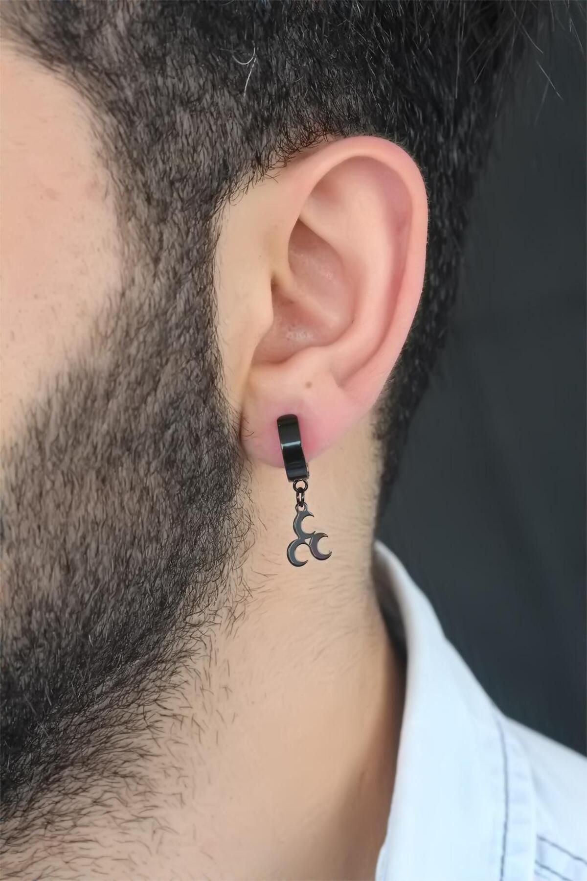 FASHIONLINE Siyah Renk Kaplama 3 Hilal Figürlü Çelik Kıstırmalı Erkek Küpe