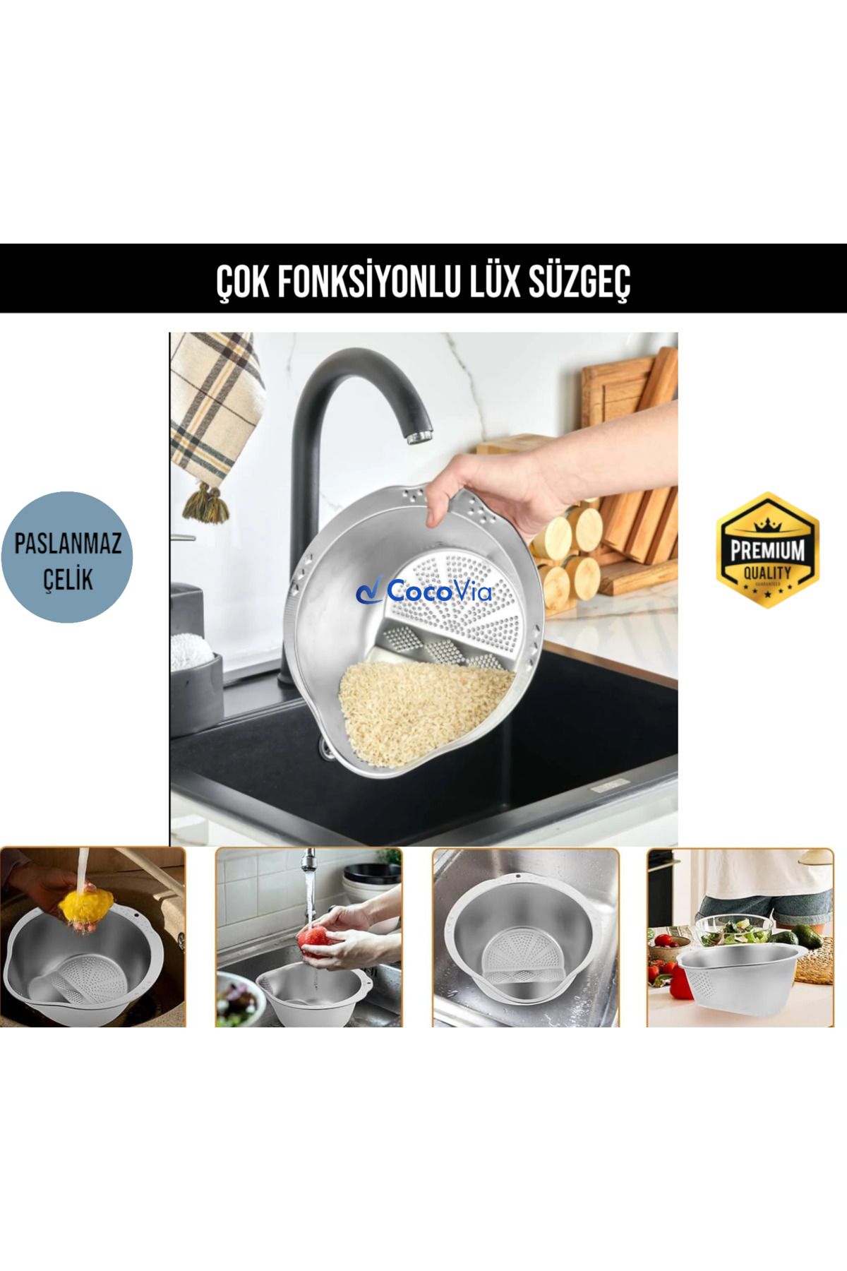 CocoVia Lüx Meyve Sebze Yıkama Süzgeci Bakliyat Pirinç Süzgeçi Makarna Süzgeci Çok Fonksiyonlu Çelik Süzgeç