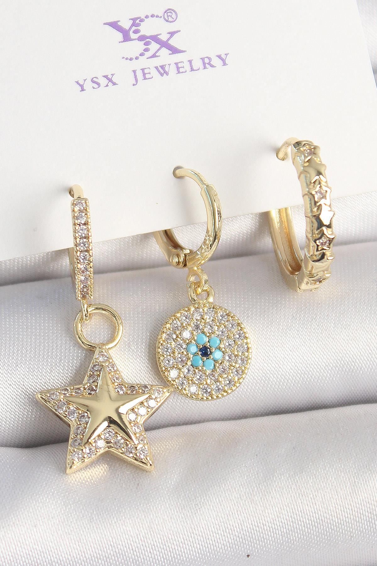FASHIONLINE Pirinç Gold Renk Zirkon Taşlı Sallantı Yıldız Model Nazar Boncuk Detay 3'Lü Kadın Kombin Küpe
