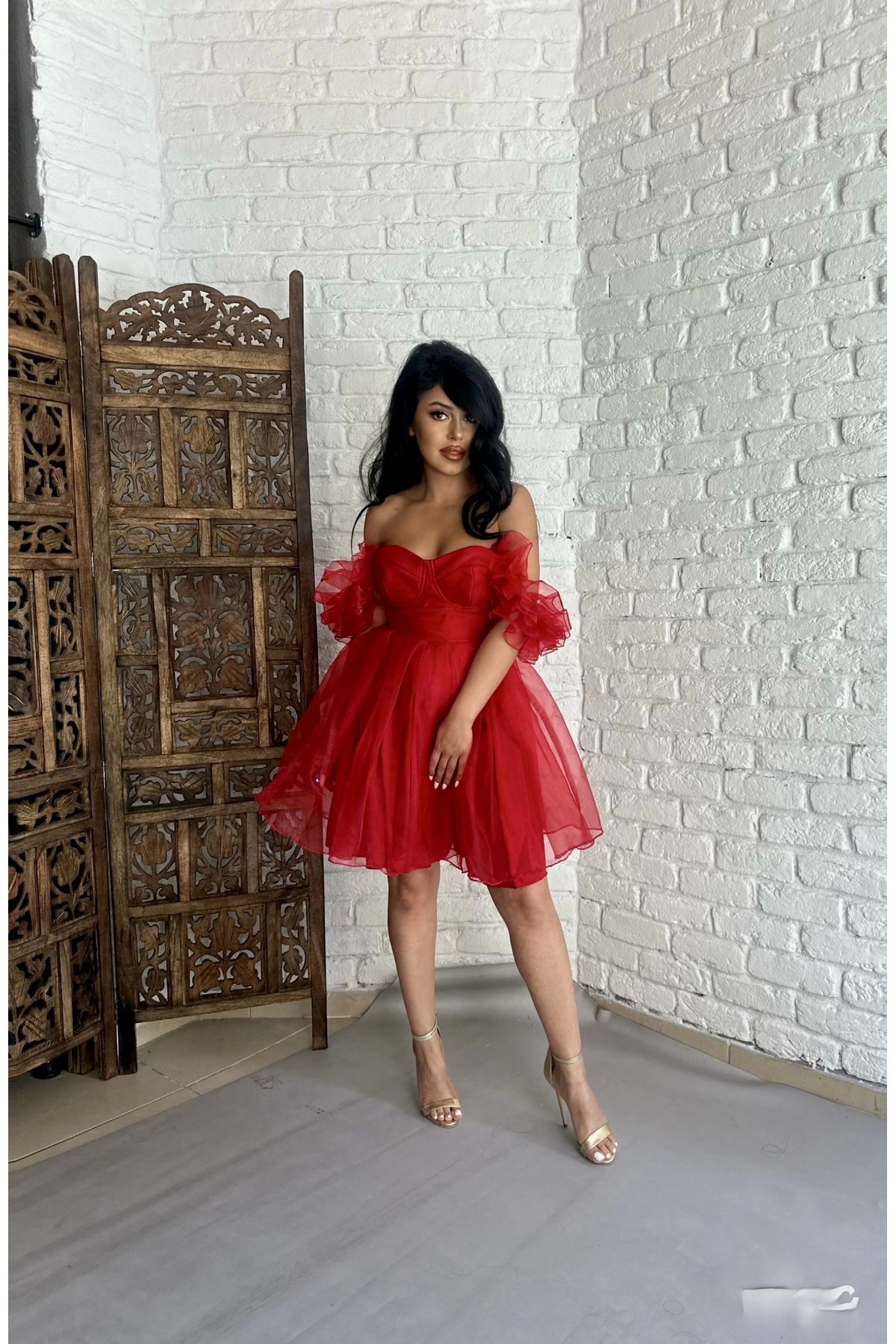 moneta boutique Kadın Kalp Yaka Kol Detaylı Tül BELLA Elbise