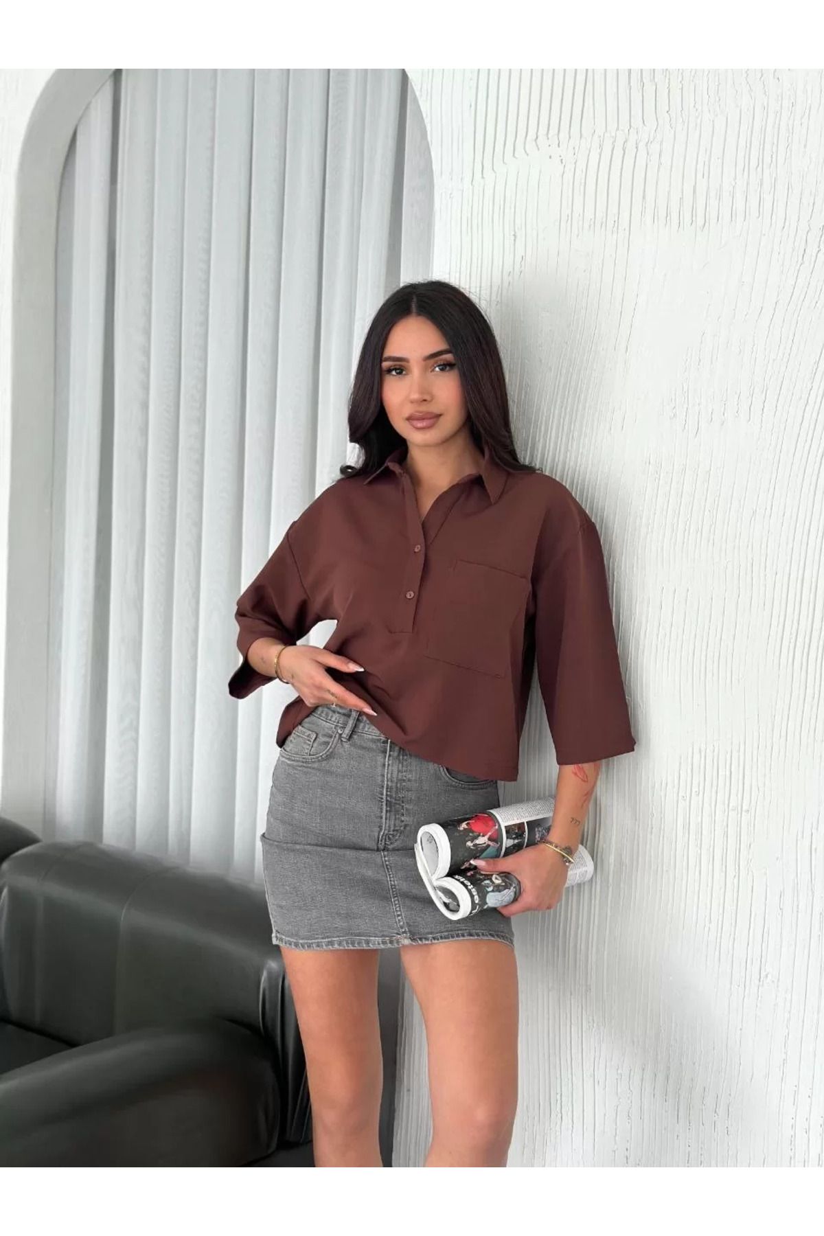 FantaziAtölyesi Kadın Crop Yakalı Gömlek Üç Çeyrek Sleeve Kol - Kahverengi