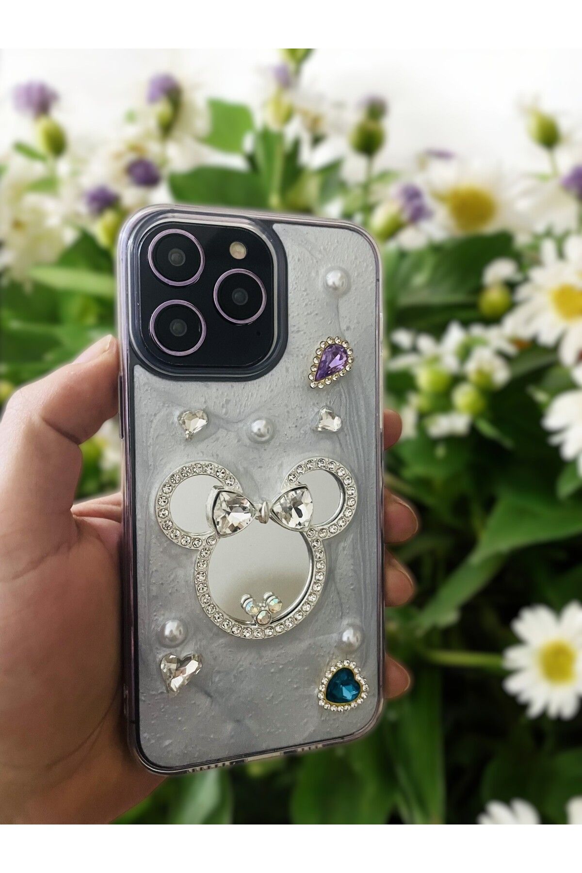 TG CASE STORE İPhone 16 Pro Max Aynalı Fare Desenli Taş Detaylı Telefon Kılıfı