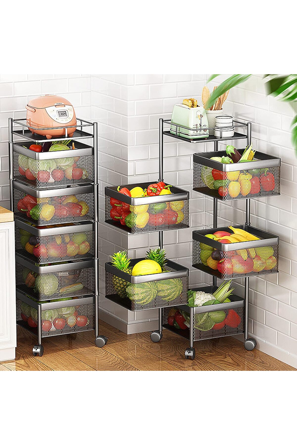 سلة تخزين مكون من 5 طبقات بتصميم مربع دوار قابل للنقل مع عجلات لتخزين الفواكه والخضراوات في المطبخ
