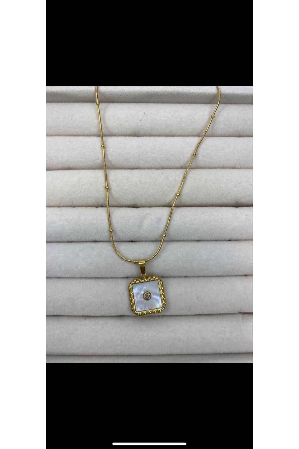stainles steel Kare Gold sedefli kolye