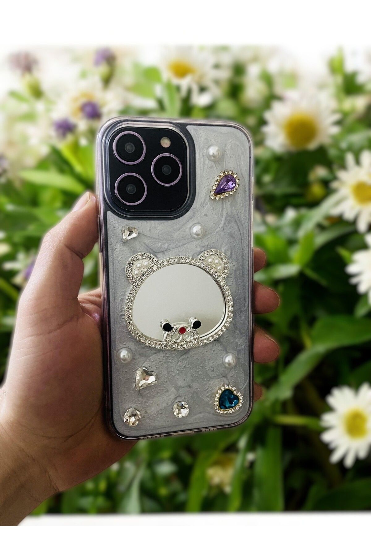 TG CASE STORE İPhone 16 Pro Max Aynalı Ayıcık Desenli Taş Detaylı Telefon Kılıfı