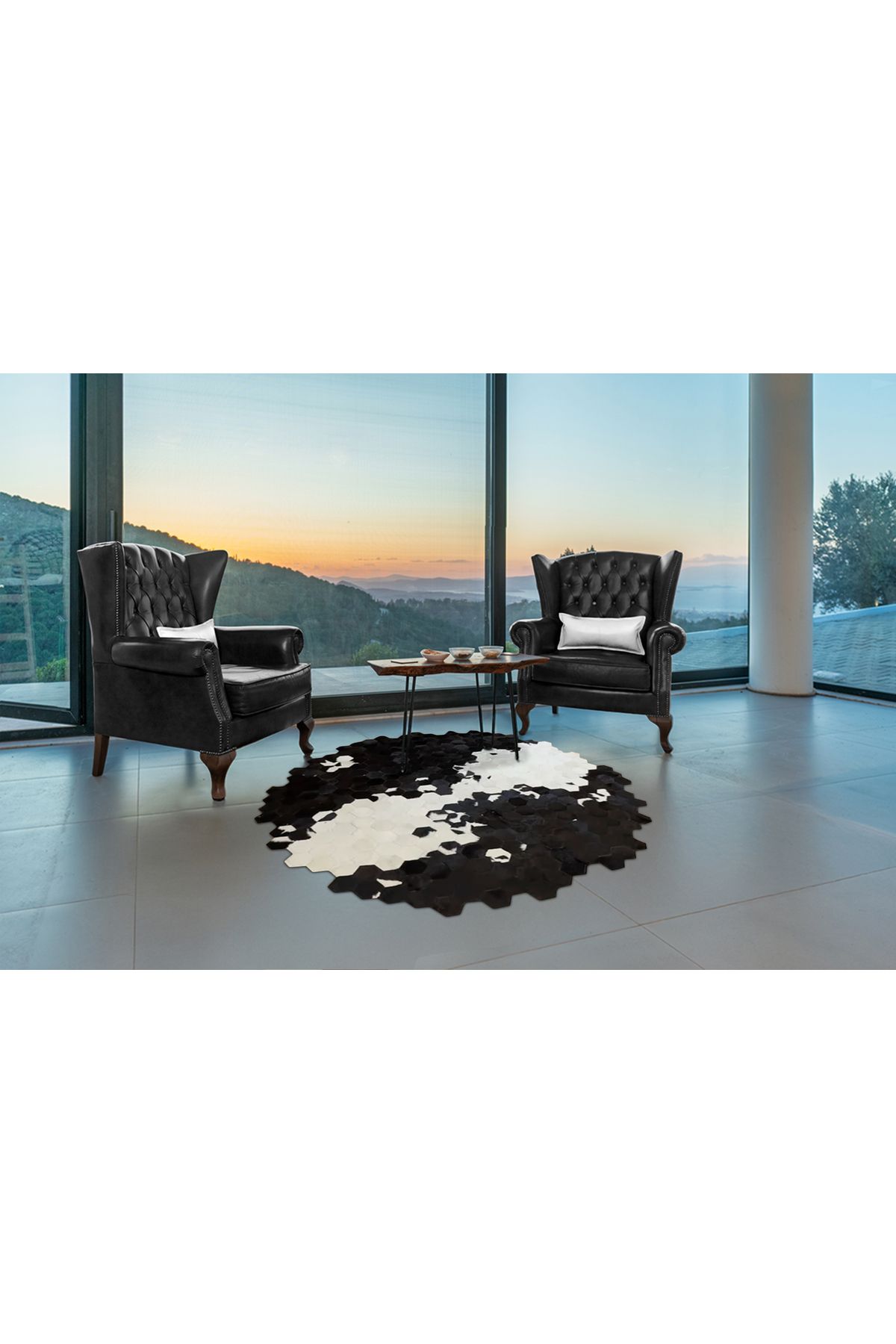 Barrio Rico %100 Doğal Dana Derisi Kaymaz Taban Premium Yuvarlak Patchwork Halı - Siyah Beyaz