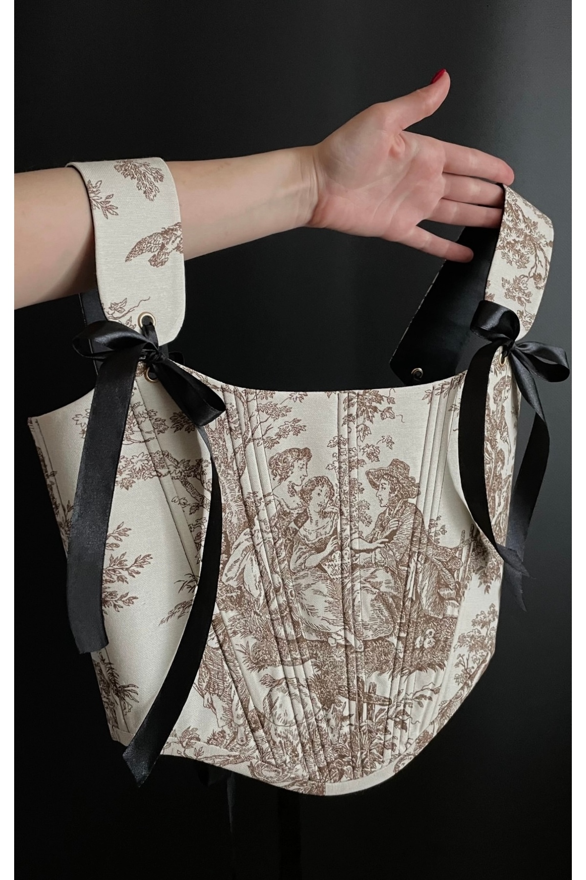SARA Clothessy Tasarım Vintage Fransız Kahverengi Desenli Korse görsel 2