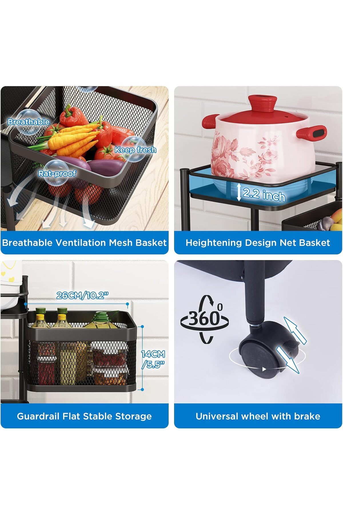 سلة تخزين مكون من 5 طبقات بتصميم مربع دوار قابل للنقل مع عجلات لتخزين الفواكه والخضراوات في المطبخ
