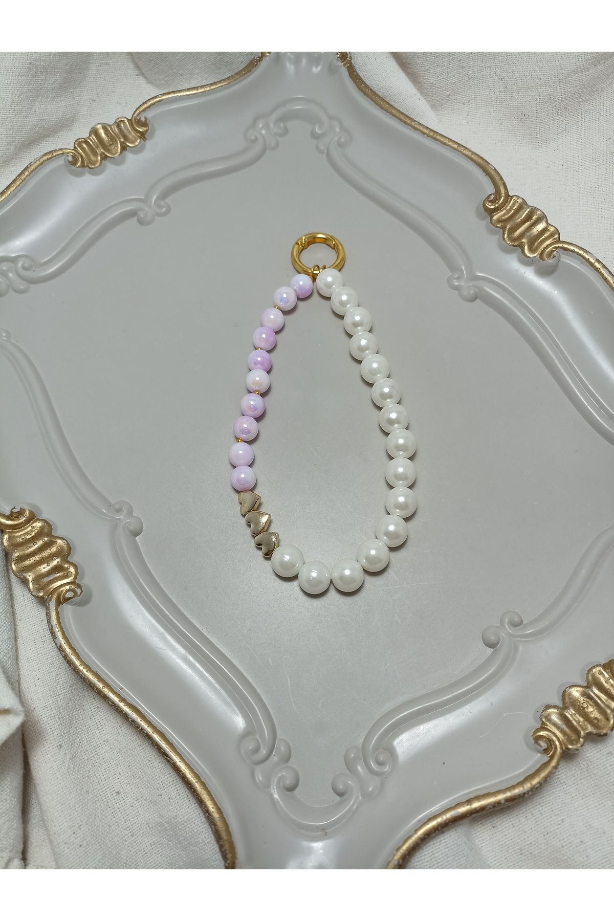 ida design store krem ve pembe inci ile gold kalp figürlü telefon ve çanta charmı
