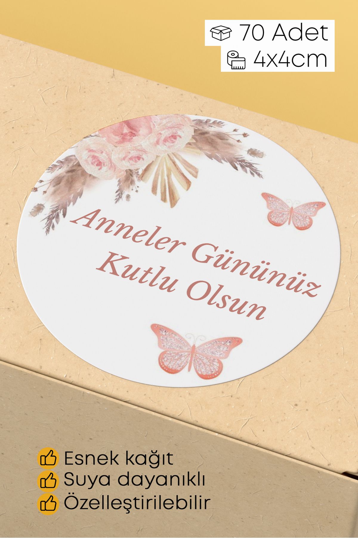 alışveriş kurdu Anneler Gününüz Kutlu Olsun Yazılı Sticker Paketleme Kargo Ambalaj Etiketi - 4x4cm 70 Adet