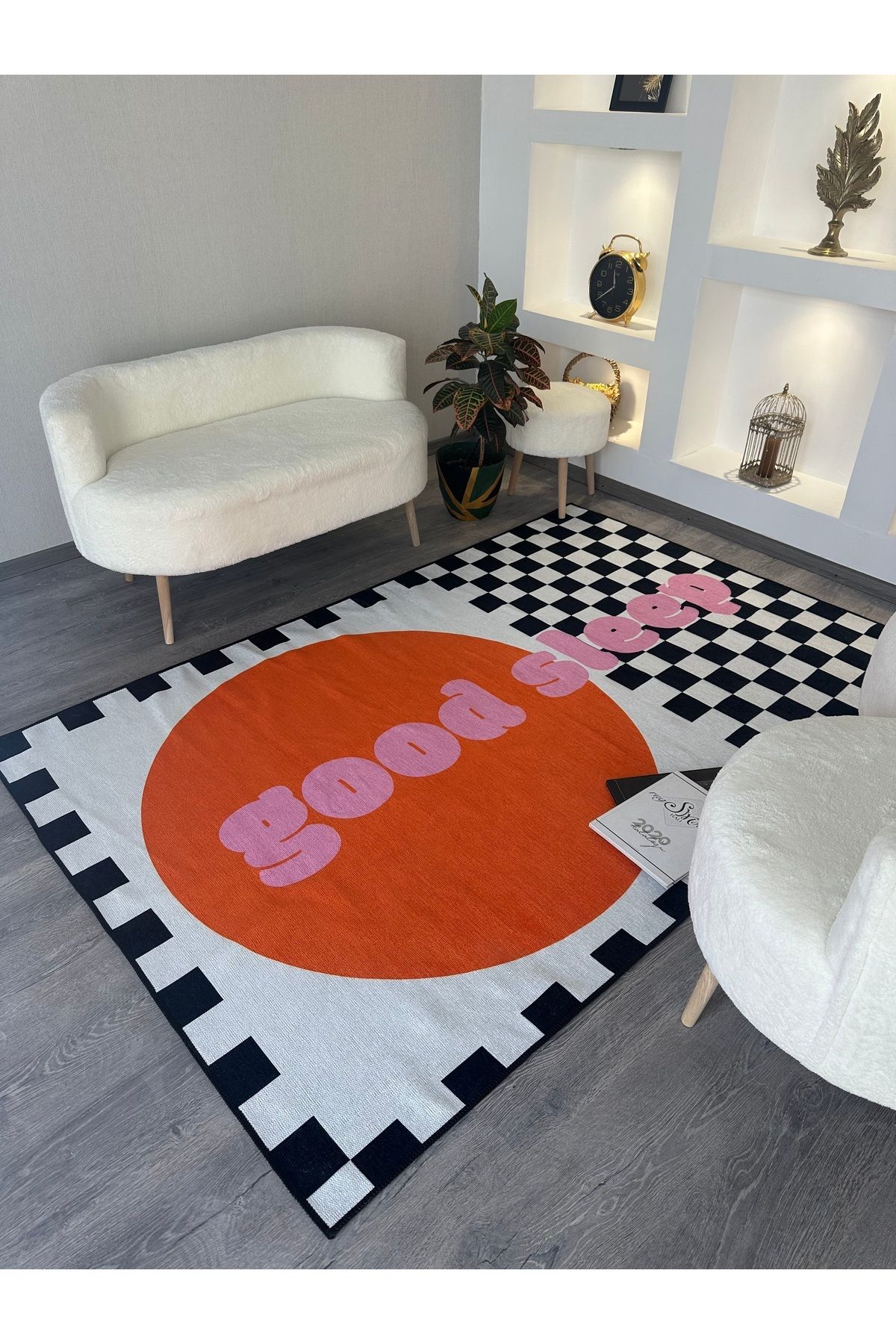 Rugs Modern Halı Opal Pembe Good Sleep Yazı Ve Dama Detaylı Dokuma Taban Modern Dekoratif Halı Opal08