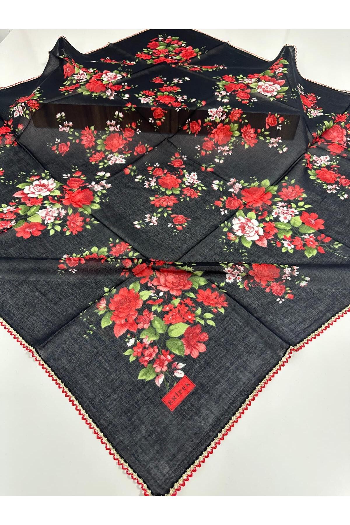 Eripek Oyalı Pamuk Tülbent- 05098 95 X 95 Siyah - Yeşil 23