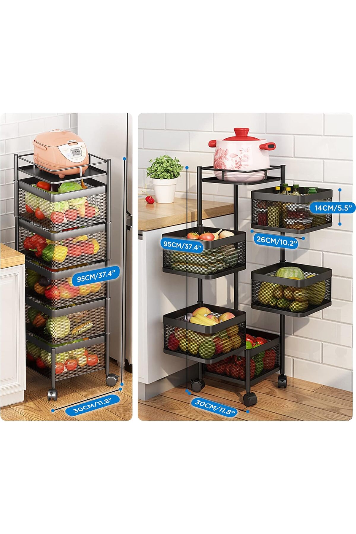 سلة تخزين مكون من 5 طبقات بتصميم مربع دوار قابل للنقل مع عجلات لتخزين الفواكه والخضراوات في المطبخ