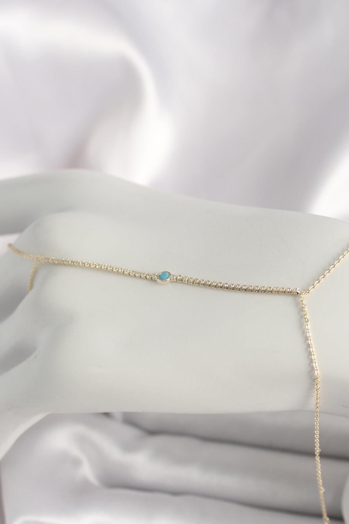 FASHIONLINE Pirinç Gold Renk Su Yolu Zirkon Taşlı Mavi Taş Detaylı Kadın Şahmeran