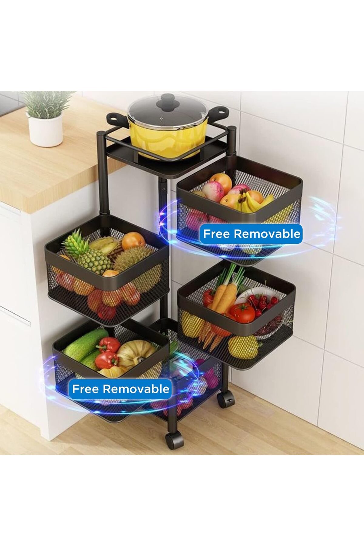 سلة تخزين مكون من 5 طبقات بتصميم مربع دوار قابل للنقل مع عجلات لتخزين الفواكه والخضراوات في المطبخ