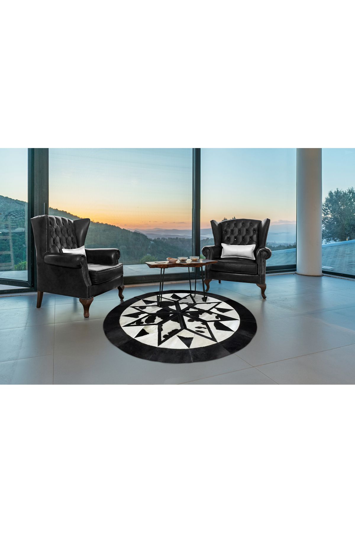 Barrio Rico %100 Doğal Dana Derisi Kaymaz Taban Premium Yuvarlak Patchwork Halı - Siyah Beyaz