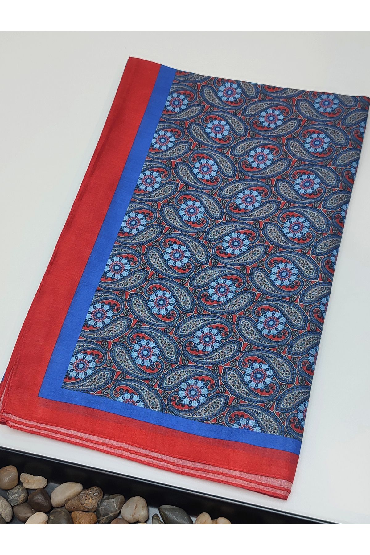 İpekel Kırmızı-Saks-Mavisi Etnik Desenli Daily Pamuk Vual Soft Şal