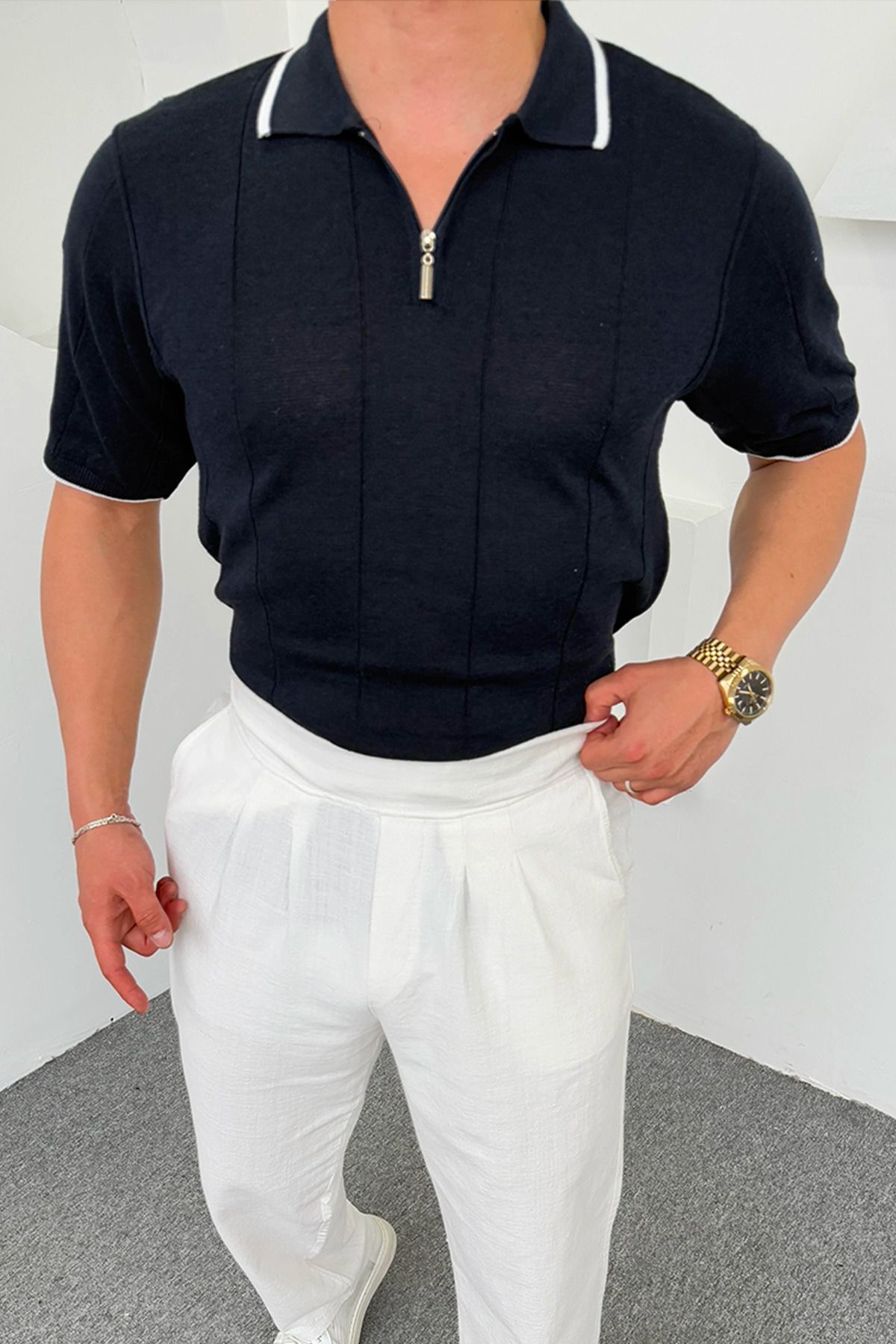 Moderk Yeni Sezon Pamuklu Fermuarlı Polo Yaka Kısa Kol Triko Çizgi Detaylı T-shirt Old Money