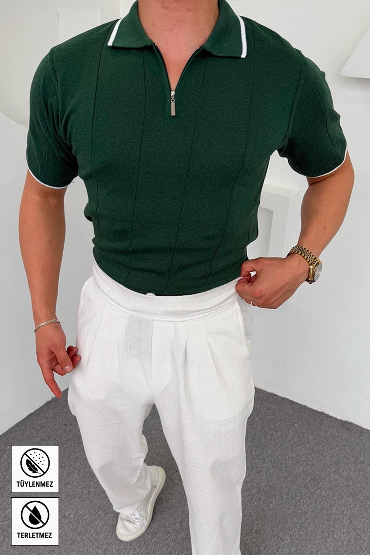 Moderk Yeni Sezon Pamuklu Fermuarlı Polo Yaka Kısa Kol Triko Çizgi Detaylı T-shirt Old Money