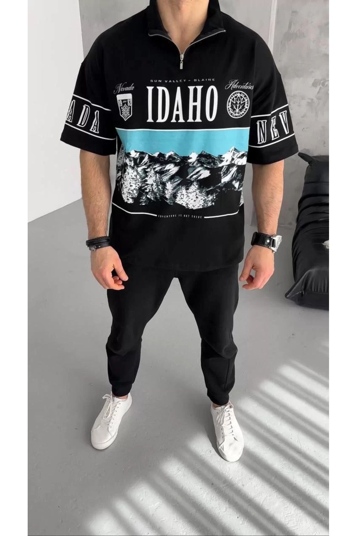FantaziAtölyesi Unisex Baskılı Yarım Fermuarlı T-Shirt - Siyah