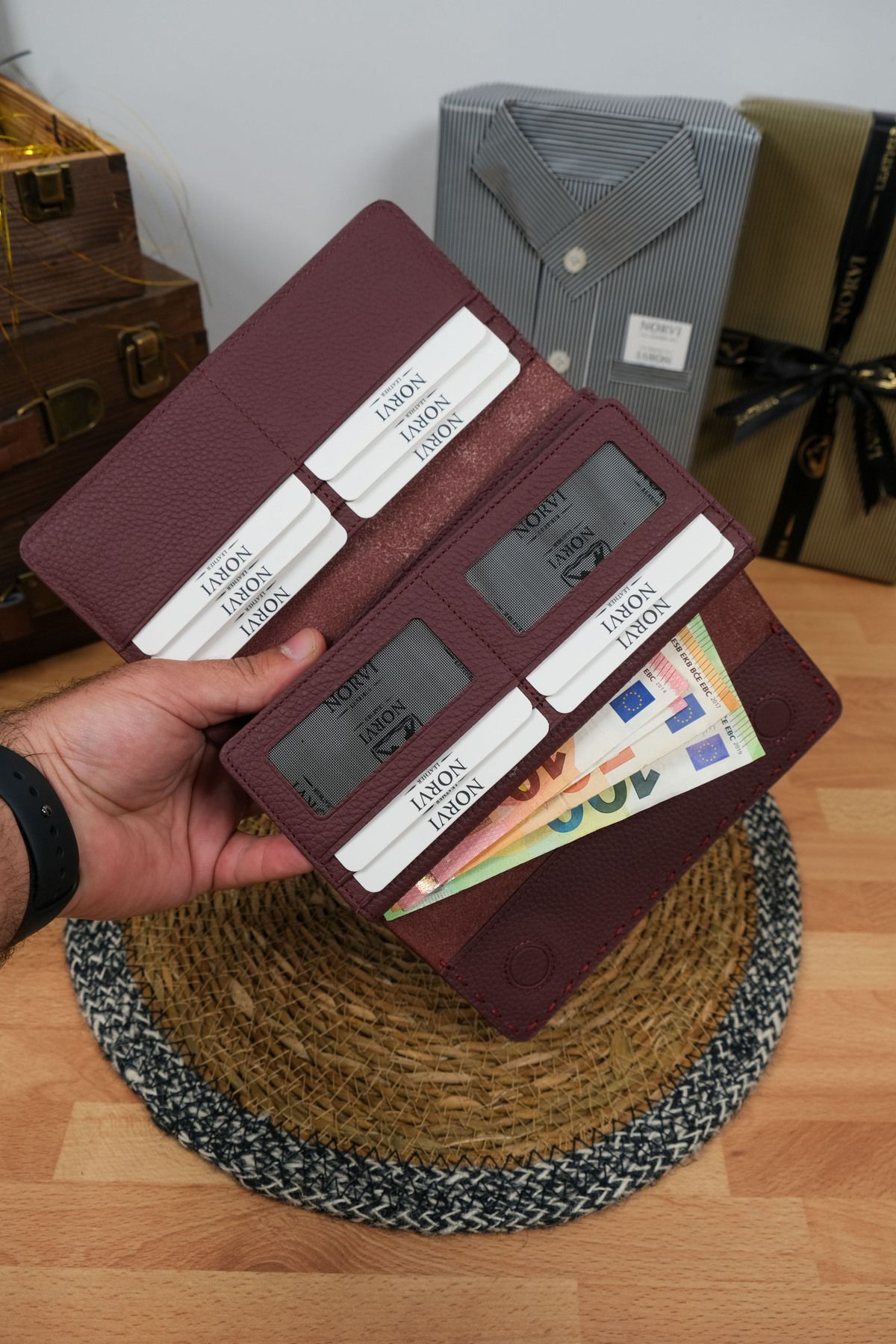 Norvi Leather Saraciye Dikişli Telefon Bölmeli Hakiki Deri Cüzdan Bordo Renk