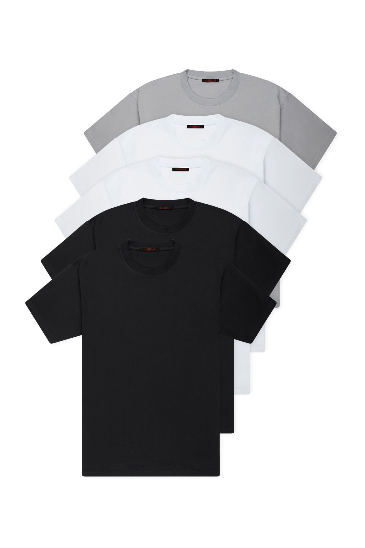 WERRONİ 5'li Slim Basic T-Shirt - Beyaz - Beyaz - Siyah - Siyah - Gri