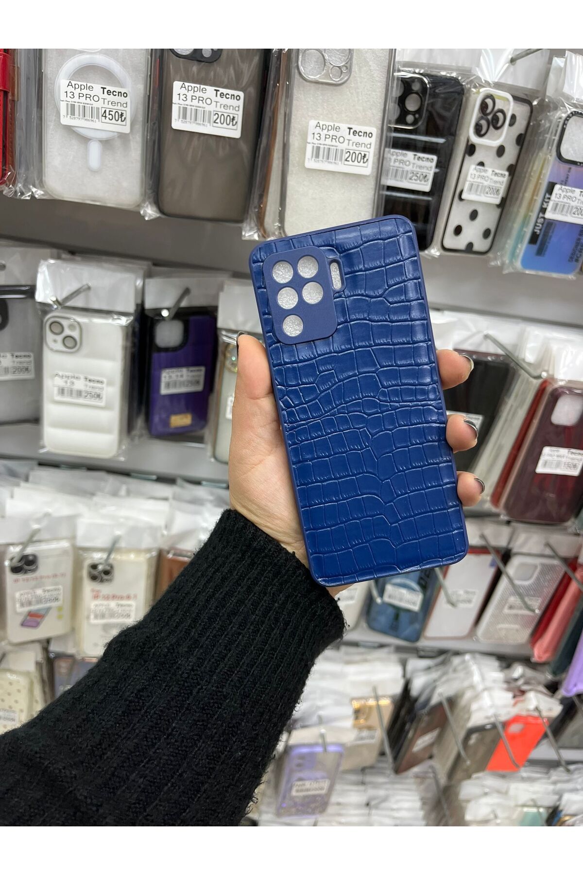 TECNOTREND OPPO A94 4G Dokulu Yüzey Çekmeye Dayanıklı Cep Telefon Kılıfı Pu Deri Kaplamalı Yumuşak