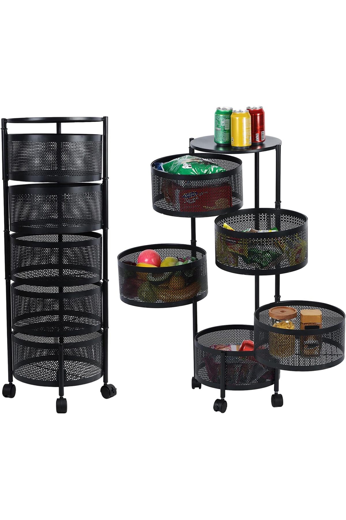 سلة تخزين بتصميم مستدير دوار مكون من 5 طبقات مع غطاء علوي تخزين للمطبخ قابل للنقل مع عجلات