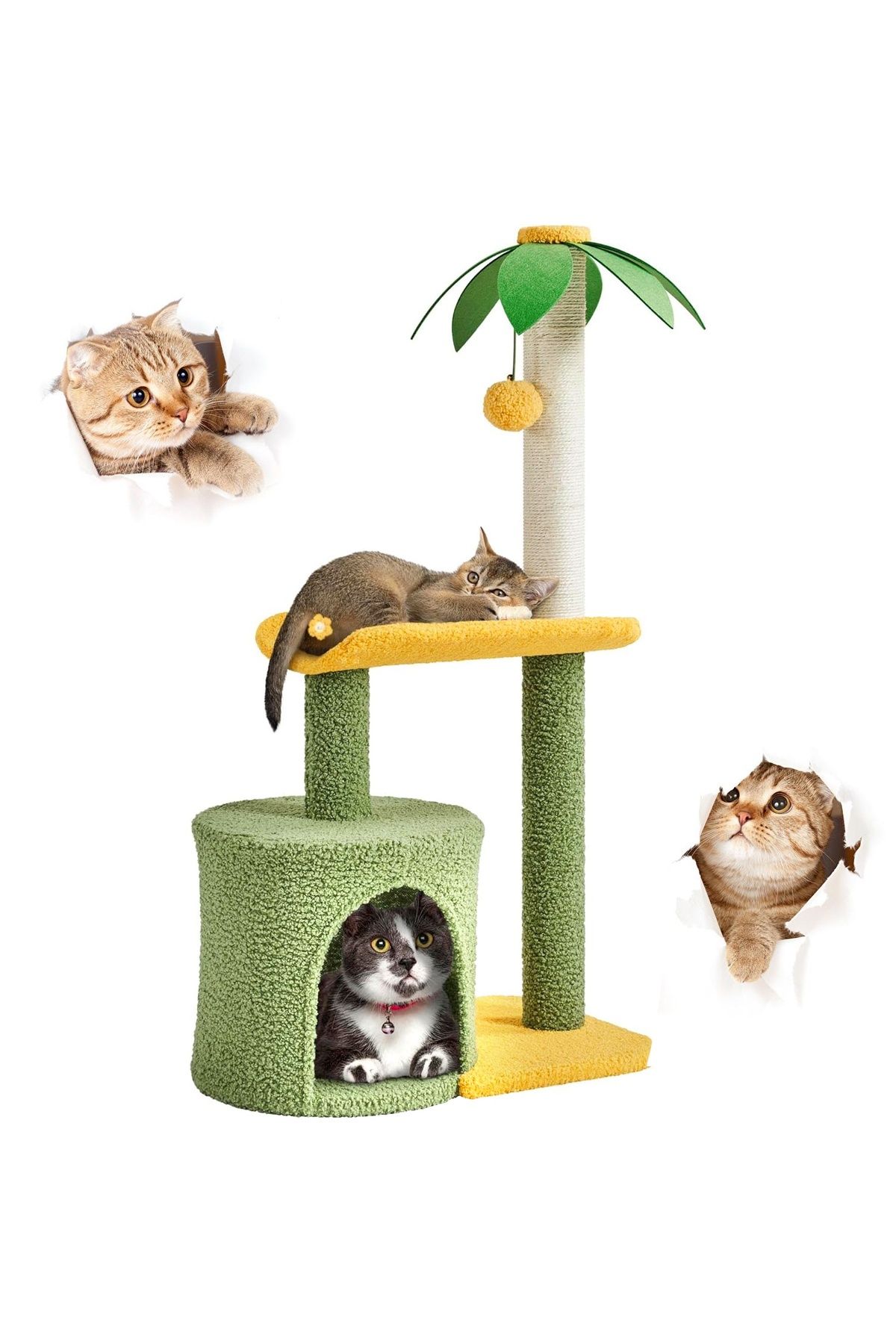 Fish & Paws Ansamblu De Joaca Pentru Pisici, Fish & Paws , Cu O Bila Suspendata, Inaltime De 94cm, Verde - One Size