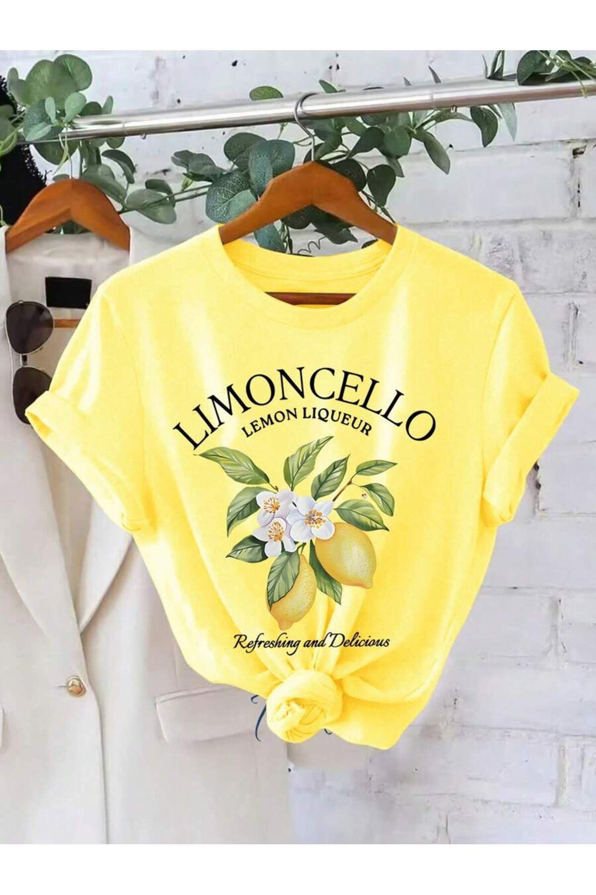 aynewmoda Büyük Beden Limon Baskılı Harfli Kısa Kollu Yuvarlak Yaka Tişört - Yumuşak, Nefes Alabilir,