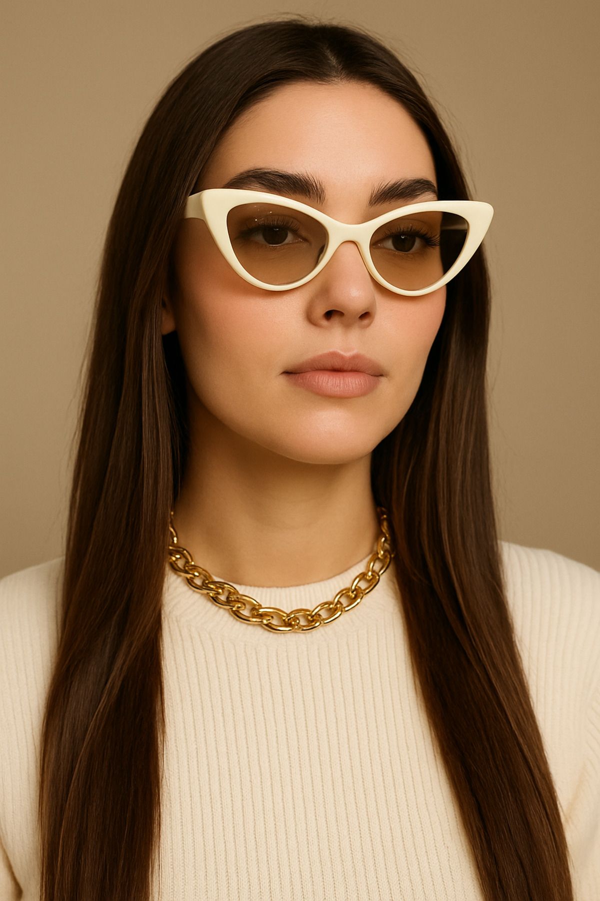 BALEZA Cat Eye Bej Renk Kadın Güneş Gözlüğü Retro Güneş Gözlüğü