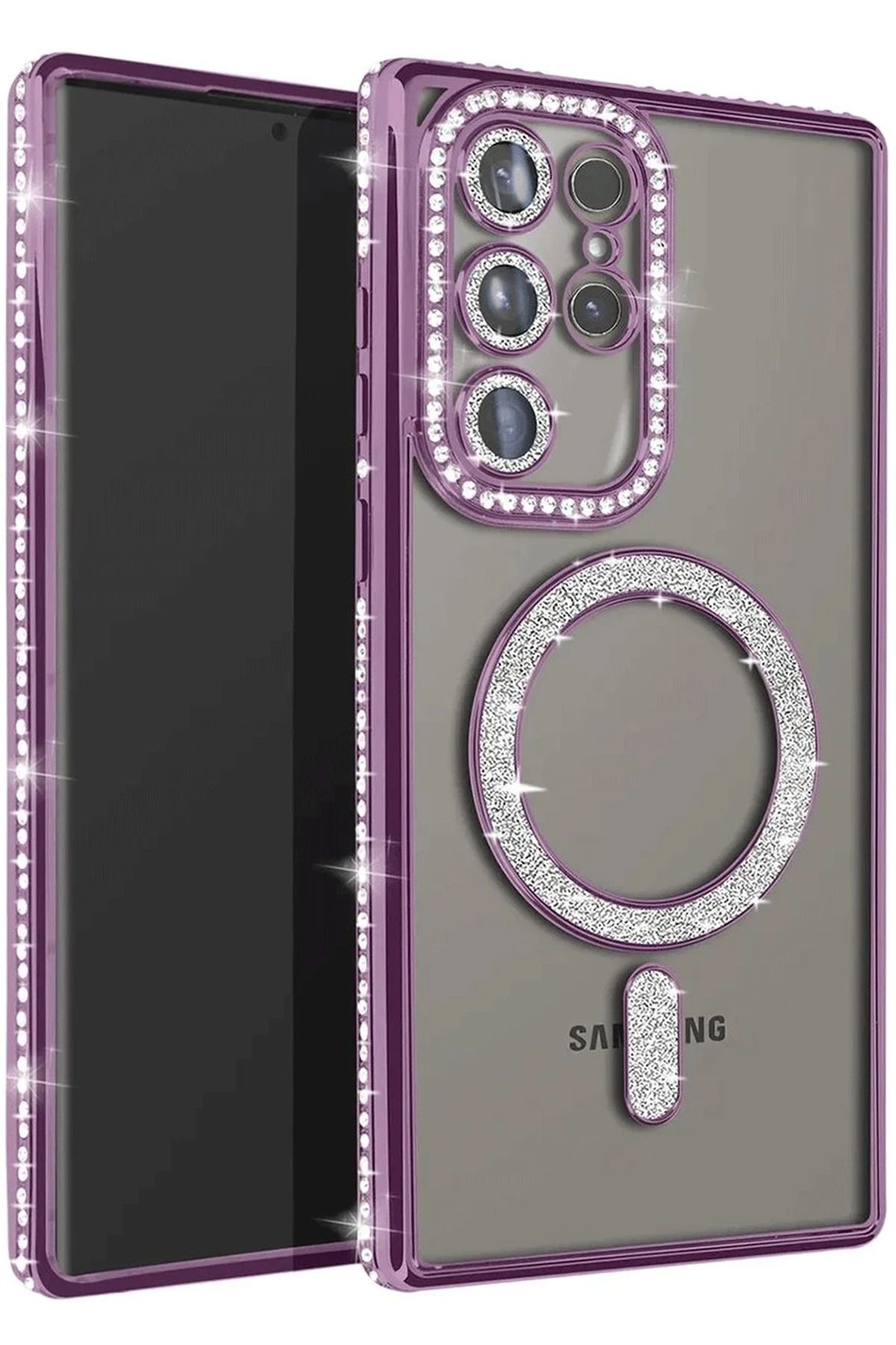 Posso Samsung Galaxy S25 Ultra Kılıf Simli Taşlı Detay Magsafe Kamera Lens Korumalı Işıltılı Silikon Case