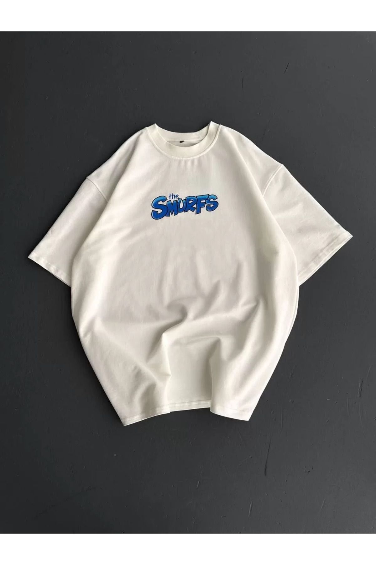 FantaziAtölyesi Ön ve Arka Baskılı Oversize Bisiklet Yaka T-shirt- Beyaz