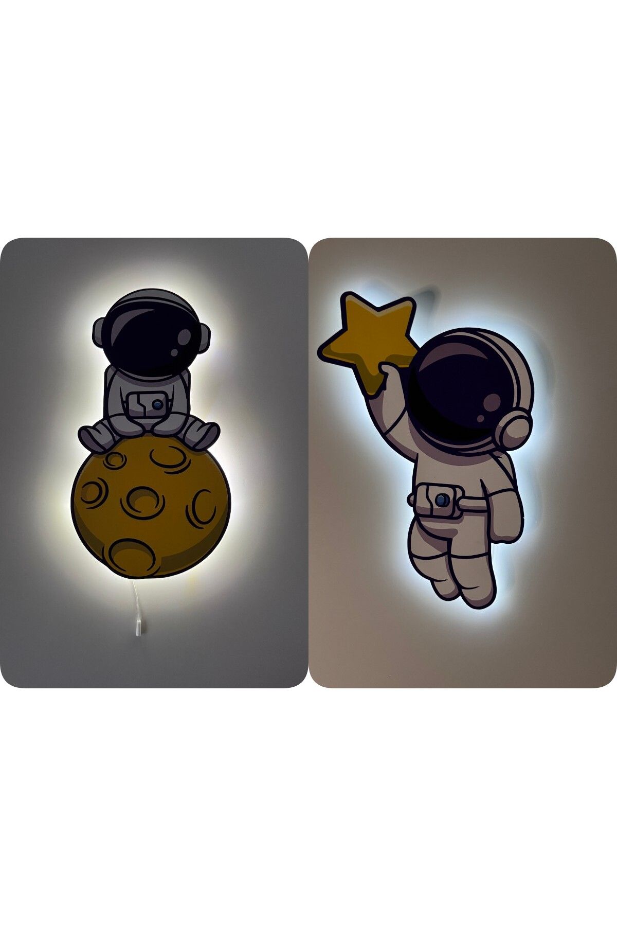 UViolets Dekoratif Ahşap Baskılı Ayda Oturan Ve Yıldız Tutan Astronot Çocuk Odası Gece Lambası (2'Lİ ÜRÜN)