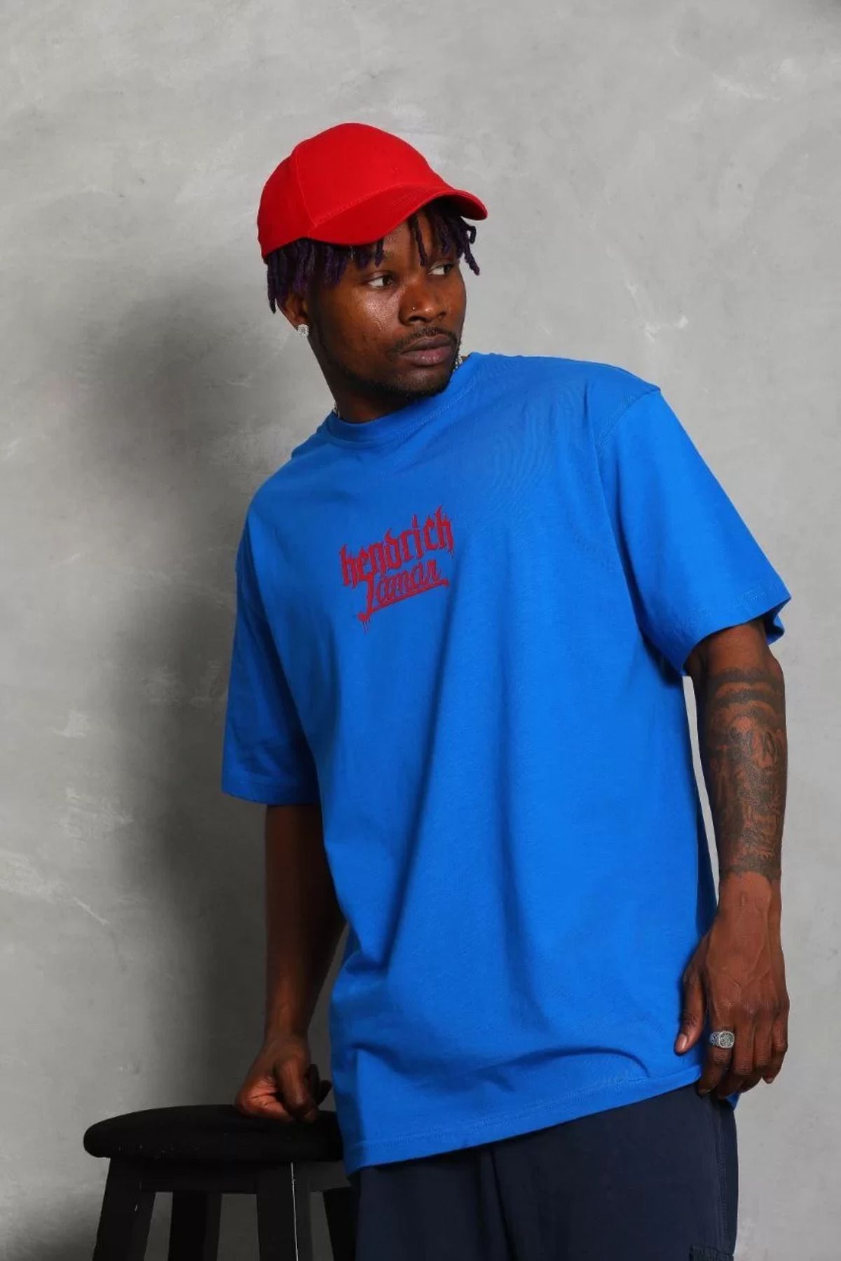 FantaziAtölyesi Unisex Oversize Baskılı Bisiklet Yaka T-Shirt - Mavi